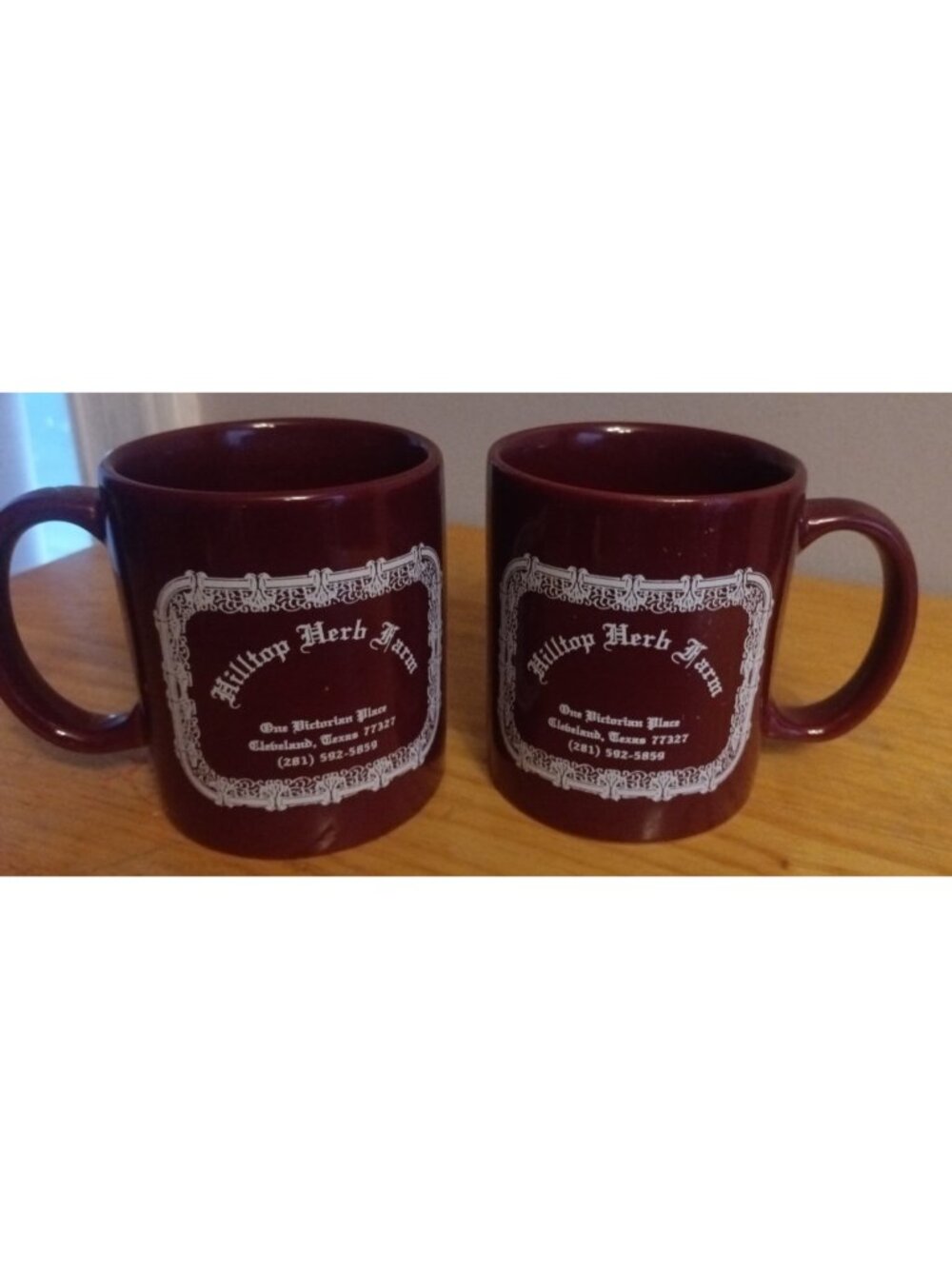 Coffee Cup Mug Set Hilltop Herb Farm Cleveland Texas Brown White Lettering